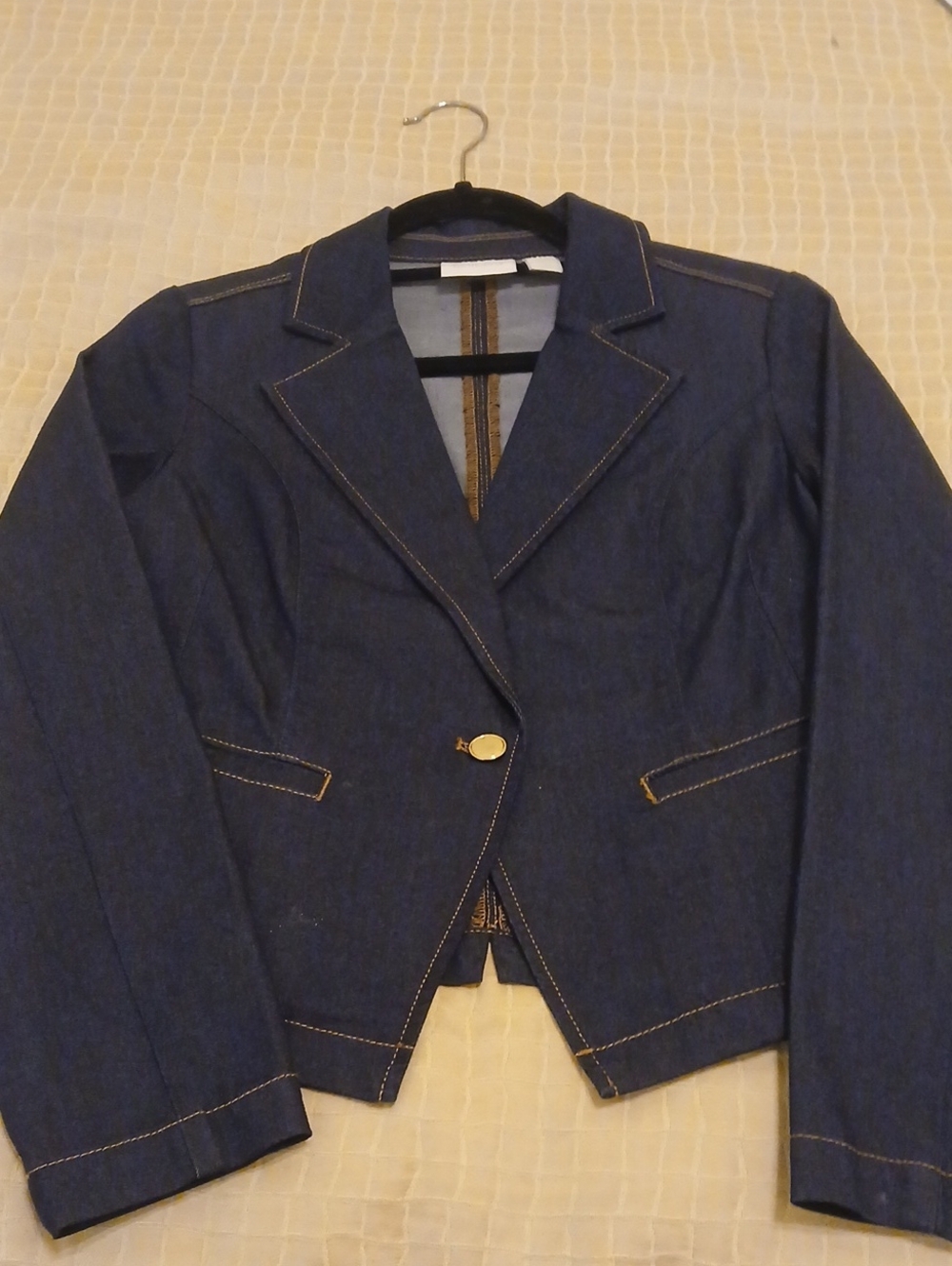 Chico's Dark Blue Denim Blazer with Contrast Stitching